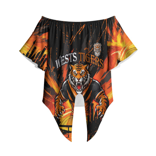 Personalised Wests Tigers City Of Rugby Off Shoulder Wrap Waist Top Sydney City Skyline Illustration Sport Fan