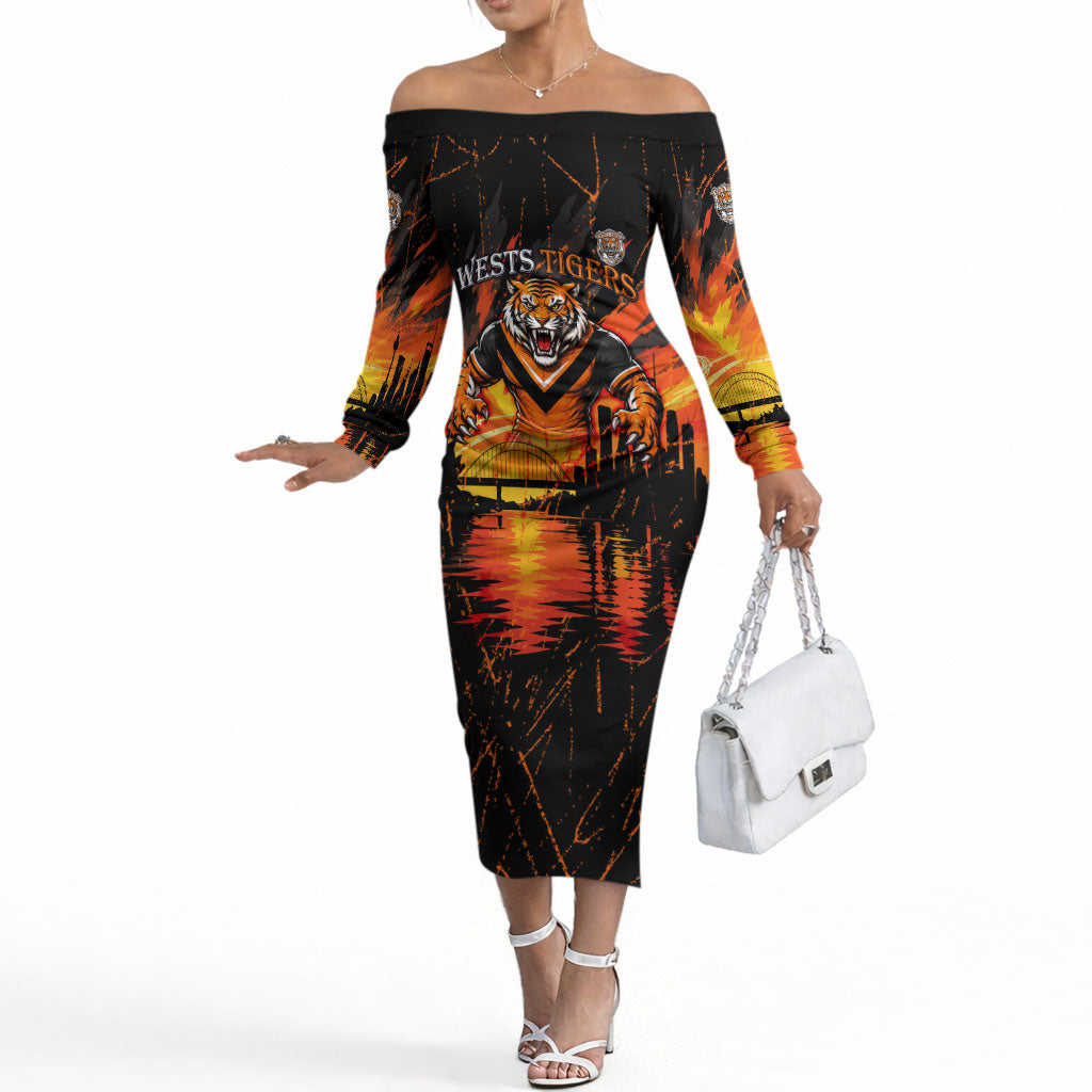 Personalised Wests Tigers City Of Rugby Off The Shoulder Long Sleeve Dress Sydney City Skyline Illustration Sport Fan
