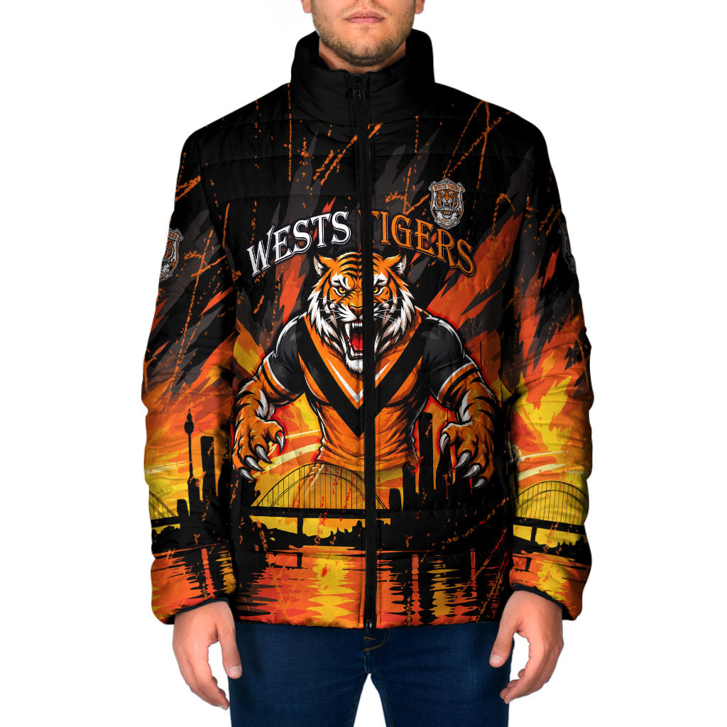 Personalised Wests Tigers City Of Rugby Padded Jacket Sydney City Skyline Illustration Sport Fan