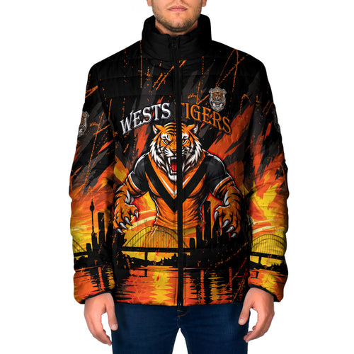 Personalised Wests Tigers City Of Rugby Padded Jacket Sydney City Skyline Illustration Sport Fan