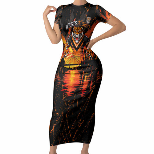 Personalised Wests Tigers City Of Rugby Short Sleeve Bodycon Dress Sydney City Skyline Illustration Sport Fan