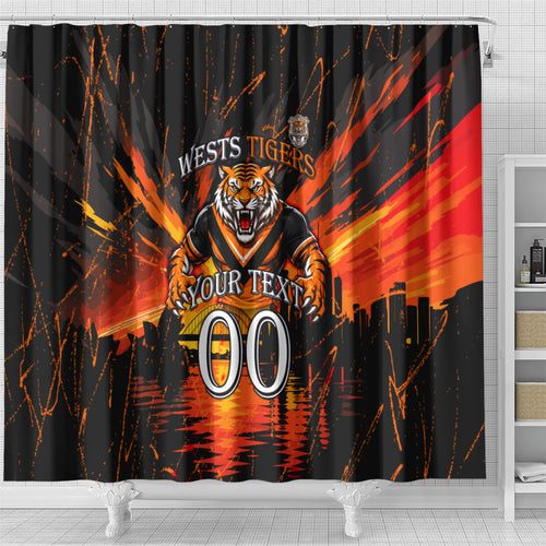 Personalised Wests Tigers City Of Rugby Shower Curtain Sydney City Skyline Illustration Sport Fan