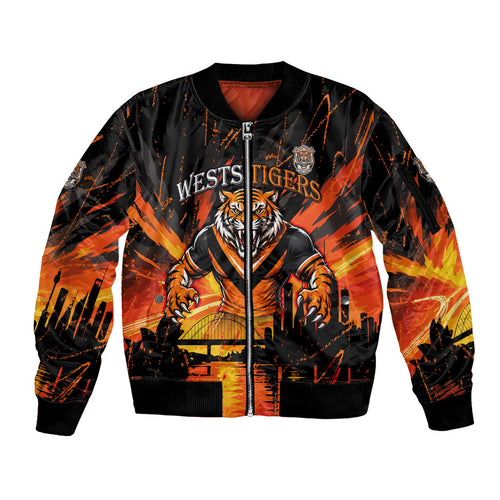 Personalised Wests Tigers City Of Rugby Sleeve Zip Bomber Jacket Sydney City Skyline Illustration Sport Fan