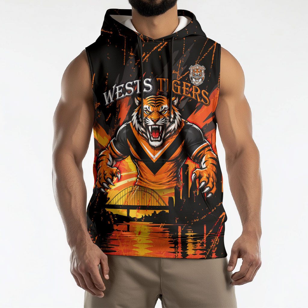Personalised Wests Tigers City Of Rugby Sleeveless Hoodie Sydney City Skyline Illustration Sport Fan