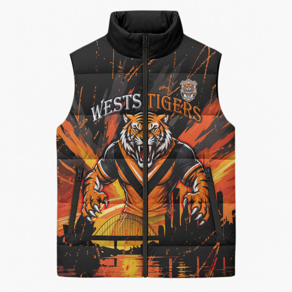 Personalised Wests Tigers City Of Rugby Sleeveless Puffer Jacket Sydney City Skyline Illustration Sport Fan