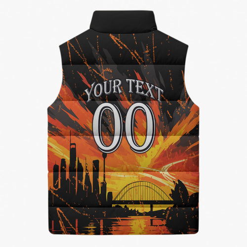 Personalised Wests Tigers City Of Rugby Sleeveless Puffer Jacket Sydney City Skyline Illustration Sport Fan