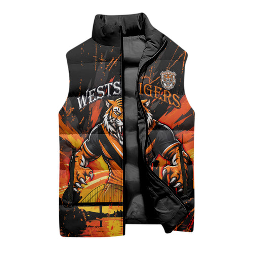 Personalised Wests Tigers City Of Rugby Sleeveless Puffer Jacket Sydney City Skyline Illustration Sport Fan