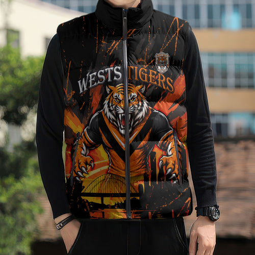 Personalised Wests Tigers City Of Rugby Sleeveless Puffer Jacket Sydney City Skyline Illustration Sport Fan
