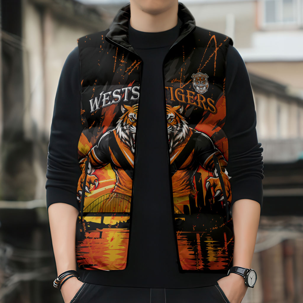 Personalised Wests Tigers City Of Rugby Sleeveless Puffer Jacket Sydney City Skyline Illustration Sport Fan