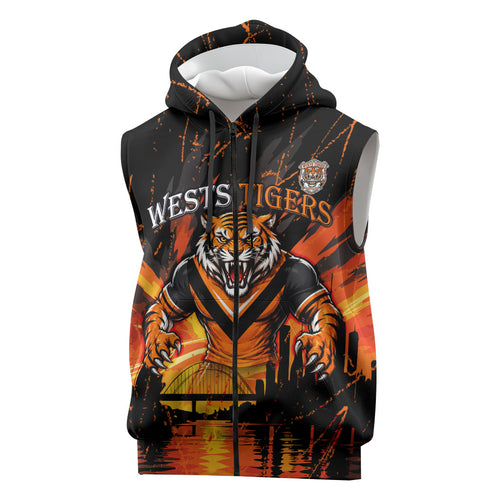 Personalised Wests Tigers City Of Rugby Sleeveless Zip Hoodie Sydney City Skyline Illustration Sport Fan