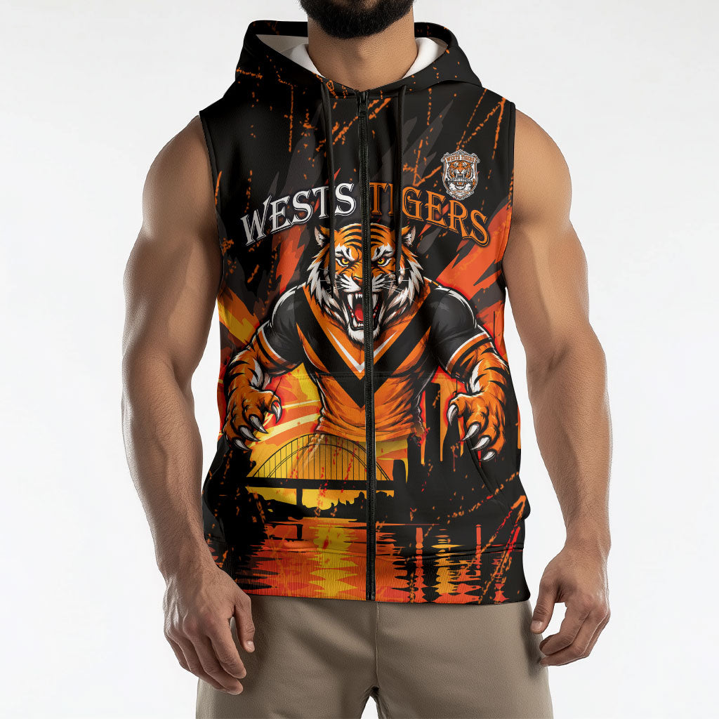 Personalised Wests Tigers City Of Rugby Sleeveless Zip Hoodie Sydney City Skyline Illustration Sport Fan