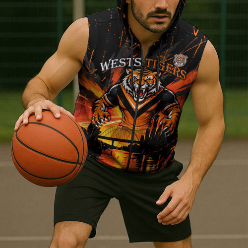 Personalised Wests Tigers City Of Rugby Sleeveless Zip Hoodie Sydney City Skyline Illustration Sport Fan