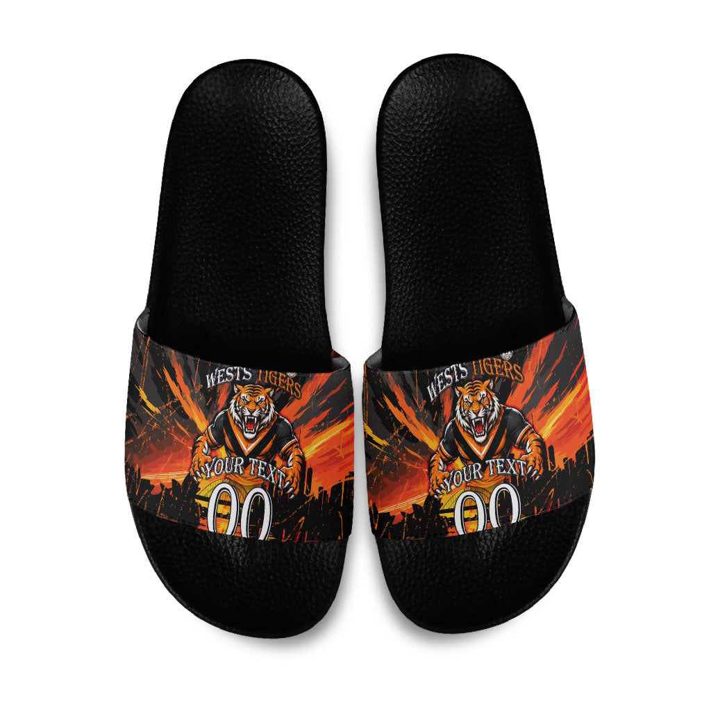 Personalised Wests Tigers City Of Rugby Slide Sandals Sydney City Skyline Illustration Sport Fan