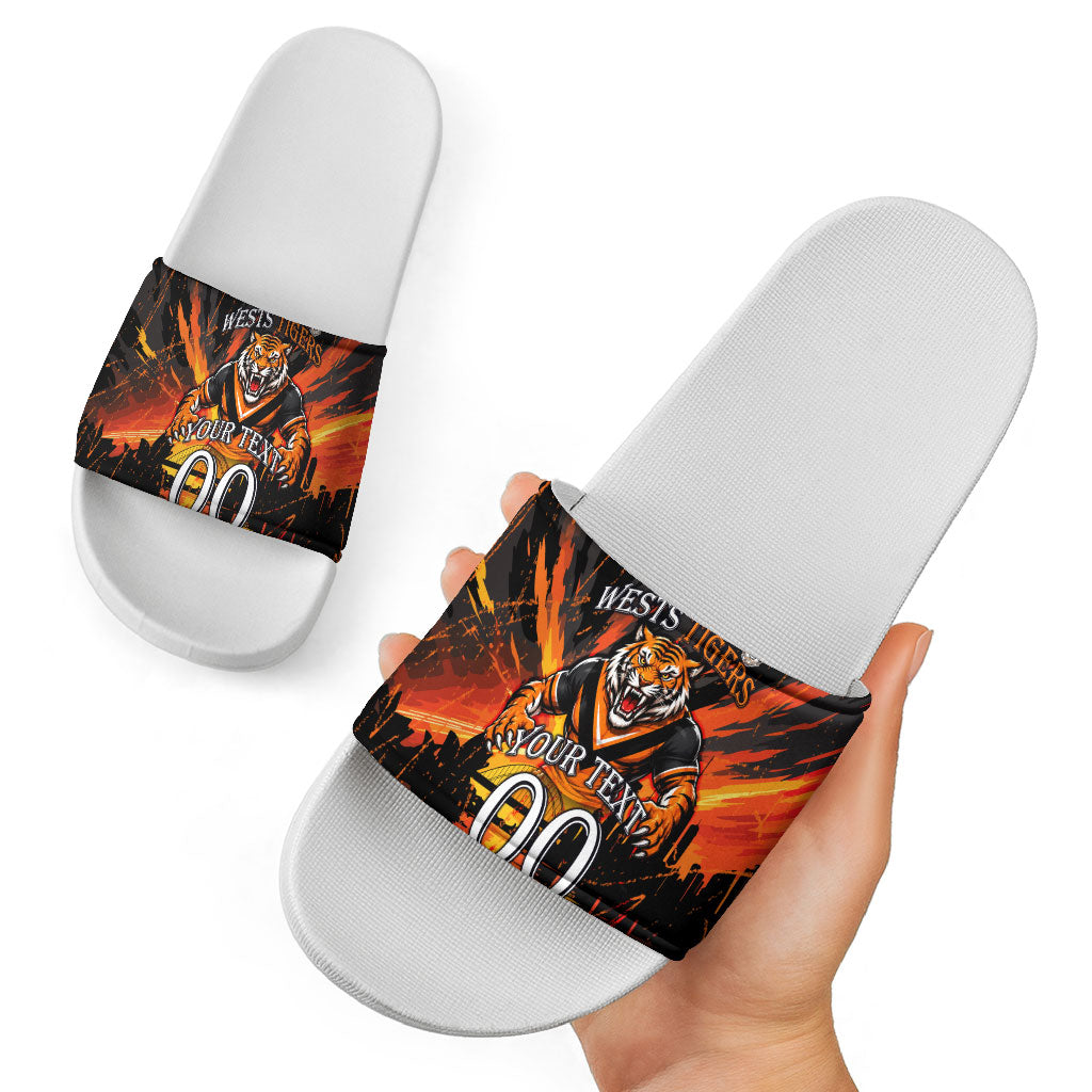 Personalised Wests Tigers City Of Rugby Slide Sandals Sydney City Skyline Illustration Sport Fan