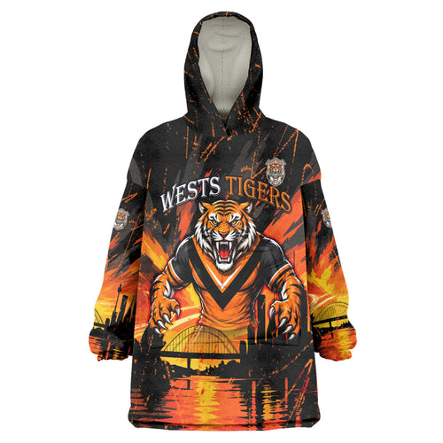 Personalised Wests Tigers City Of Rugby Wearable Blanket Hoodie Sydney City Skyline Illustration Sport Fan