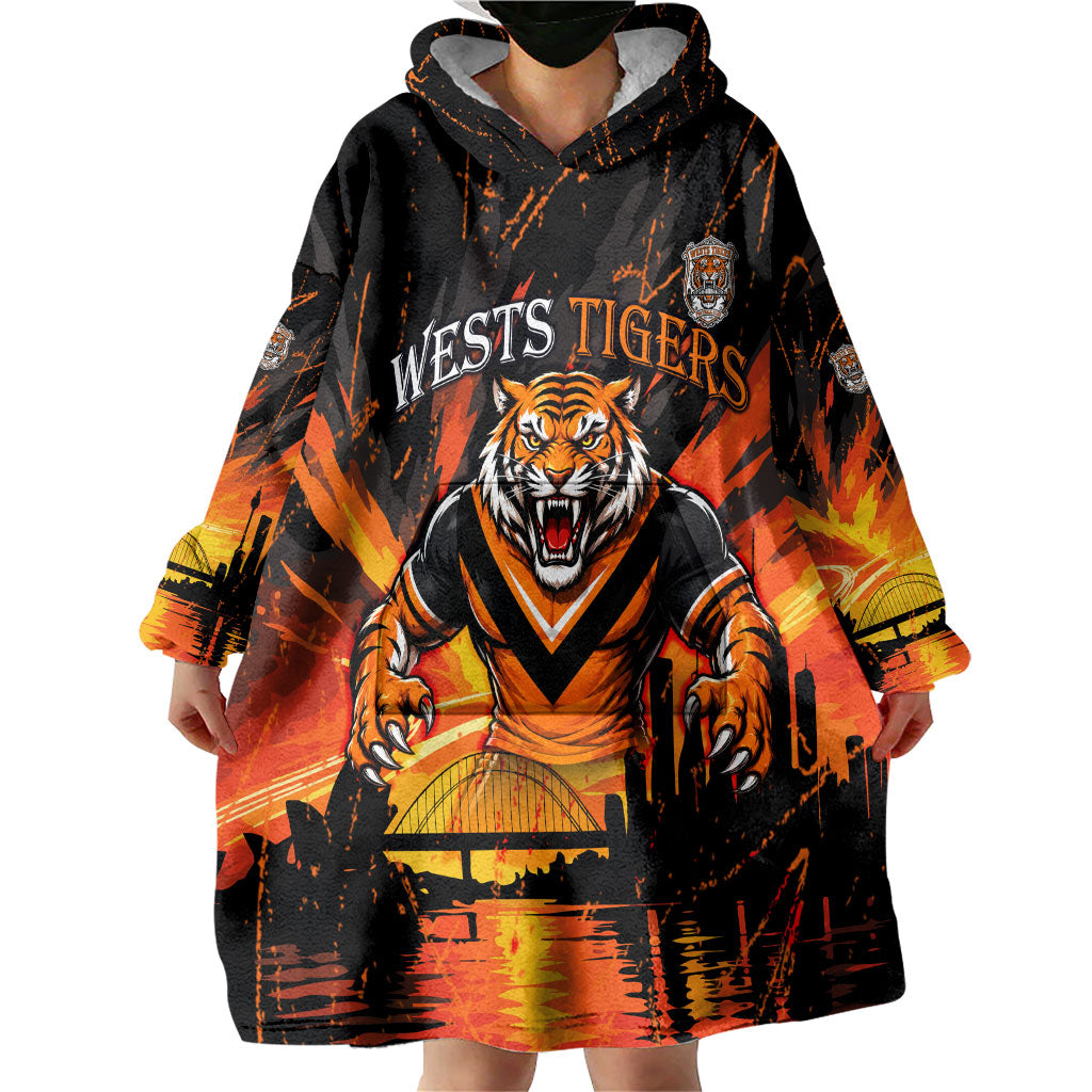 Personalised Wests Tigers City Of Rugby Wearable Blanket Hoodie Sydney City Skyline Illustration Sport Fan