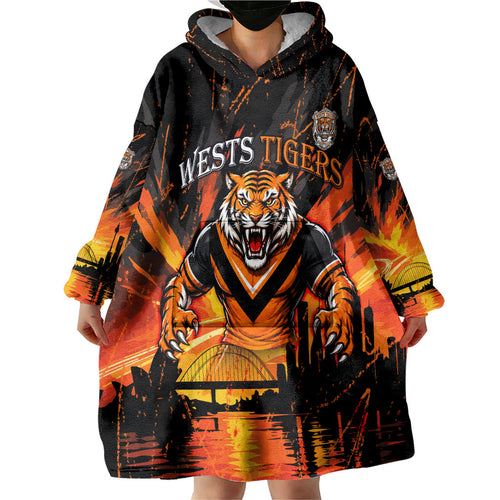Personalised Wests Tigers City Of Rugby Wearable Blanket Hoodie Sydney City Skyline Illustration Sport Fan