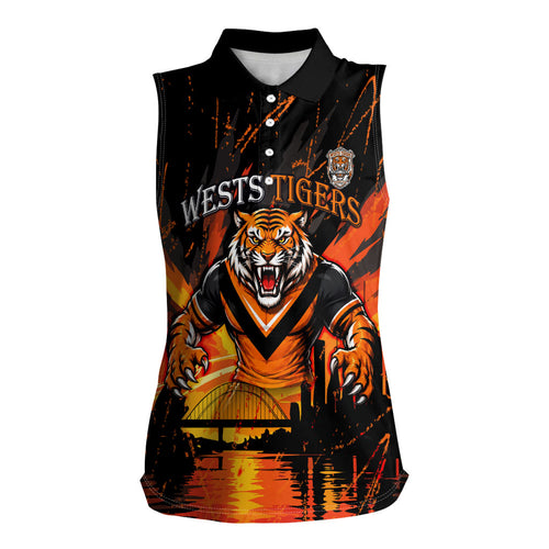 Personalised Wests Tigers City Of Rugby Women Sleeveless Polo Shirt Sydney City Skyline Illustration Sport Fan