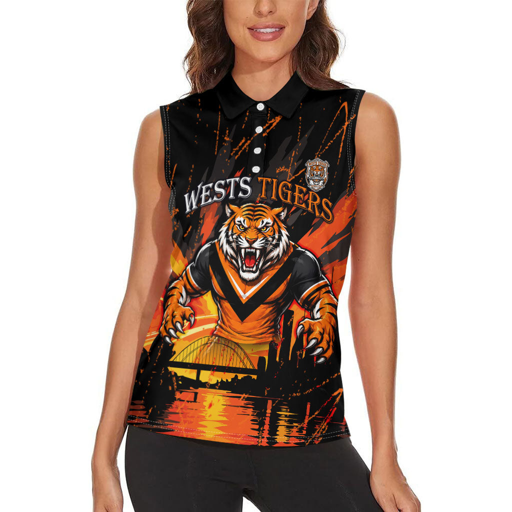 Personalised Wests Tigers City Of Rugby Women Sleeveless Polo Shirt Sydney City Skyline Illustration Sport Fan