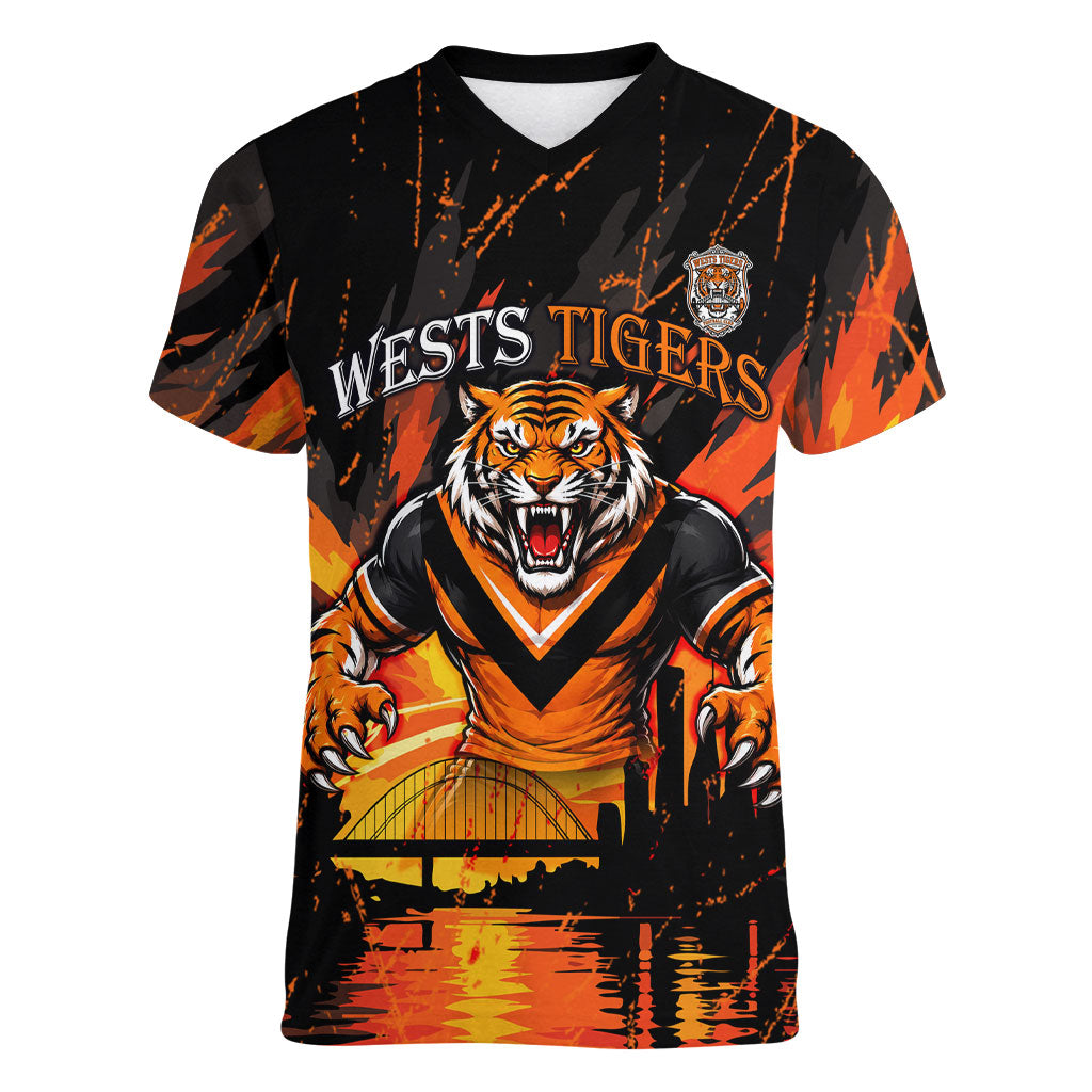 Personalised Wests Tigers City Of Rugby Women V-Neck T-Shirt Sydney City Skyline Illustration Sport Fan