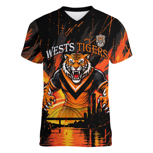 Personalised Wests Tigers City Of Rugby Women V-Neck T-Shirt Sydney City Skyline Illustration Sport Fan