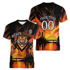 Personalised Wests Tigers City Of Rugby Women V-Neck T-Shirt Sydney City Skyline Illustration Sport Fan