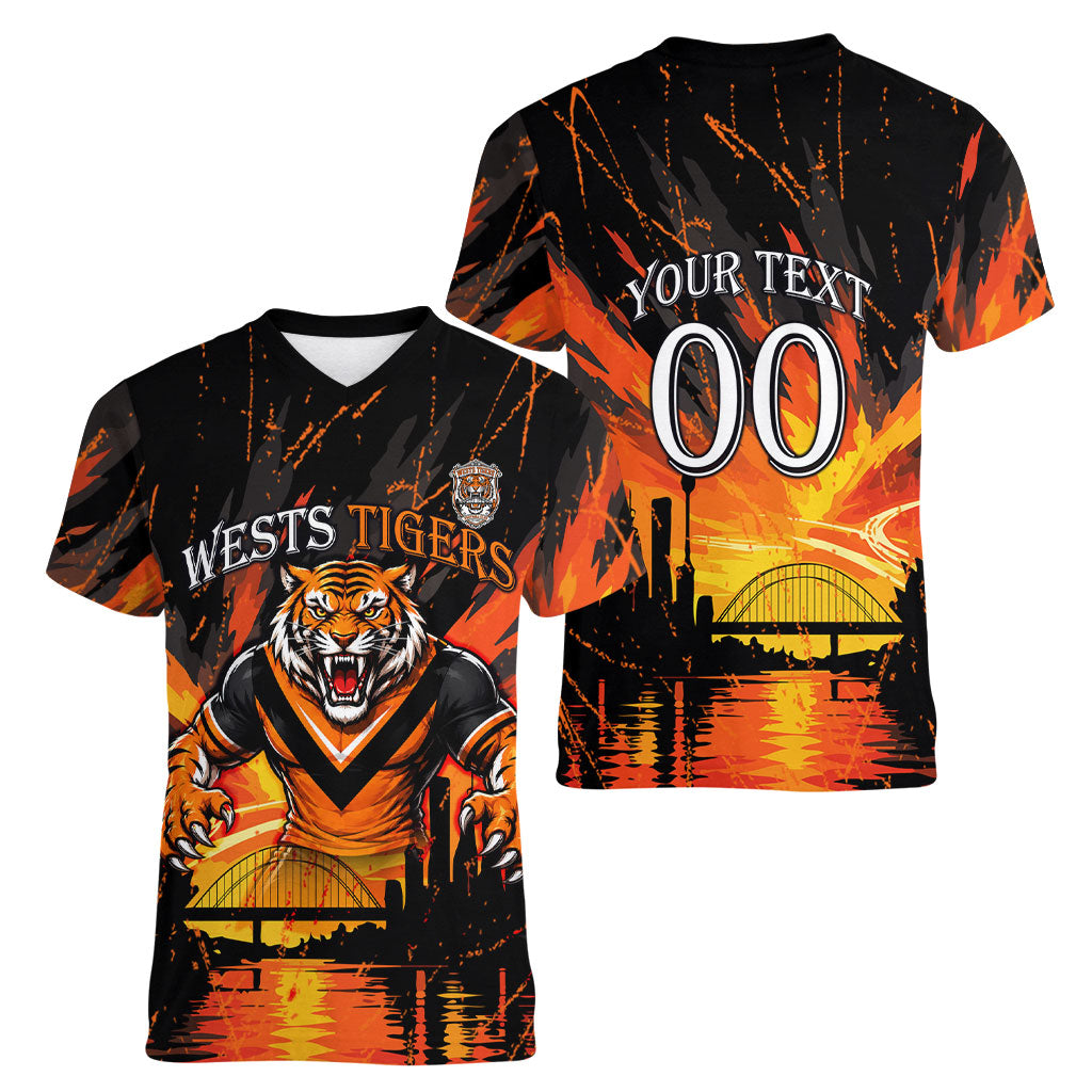 Personalised Wests Tigers City Of Rugby Women V-Neck T-Shirt Sydney City Skyline Illustration Sport Fan