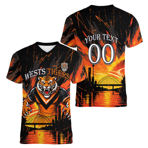 Personalised Wests Tigers City Of Rugby Women V-Neck T-Shirt Sydney City Skyline Illustration Sport Fan