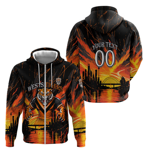 Personalised Wests Tigers City Of Rugby Zip Hoodie Sydney City Skyline Illustration Sport Fan