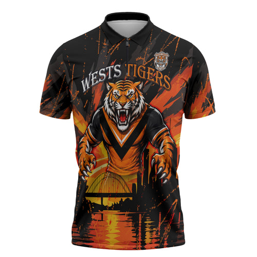 Personalised Wests Tigers City Of Rugby Zipper Polo Shirt Sydney City Skyline Illustration Sport Fan