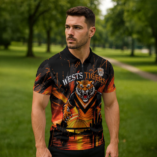Personalised Wests Tigers City Of Rugby Zipper Polo Shirt Sydney City Skyline Illustration Sport Fan