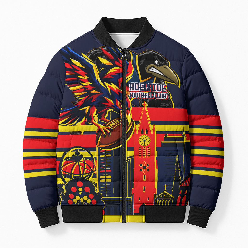 Personalised Adelaide Crows City Of Football Team Bomber Puffer Jacket Adelaide City Skyline Illustration Sport Fan