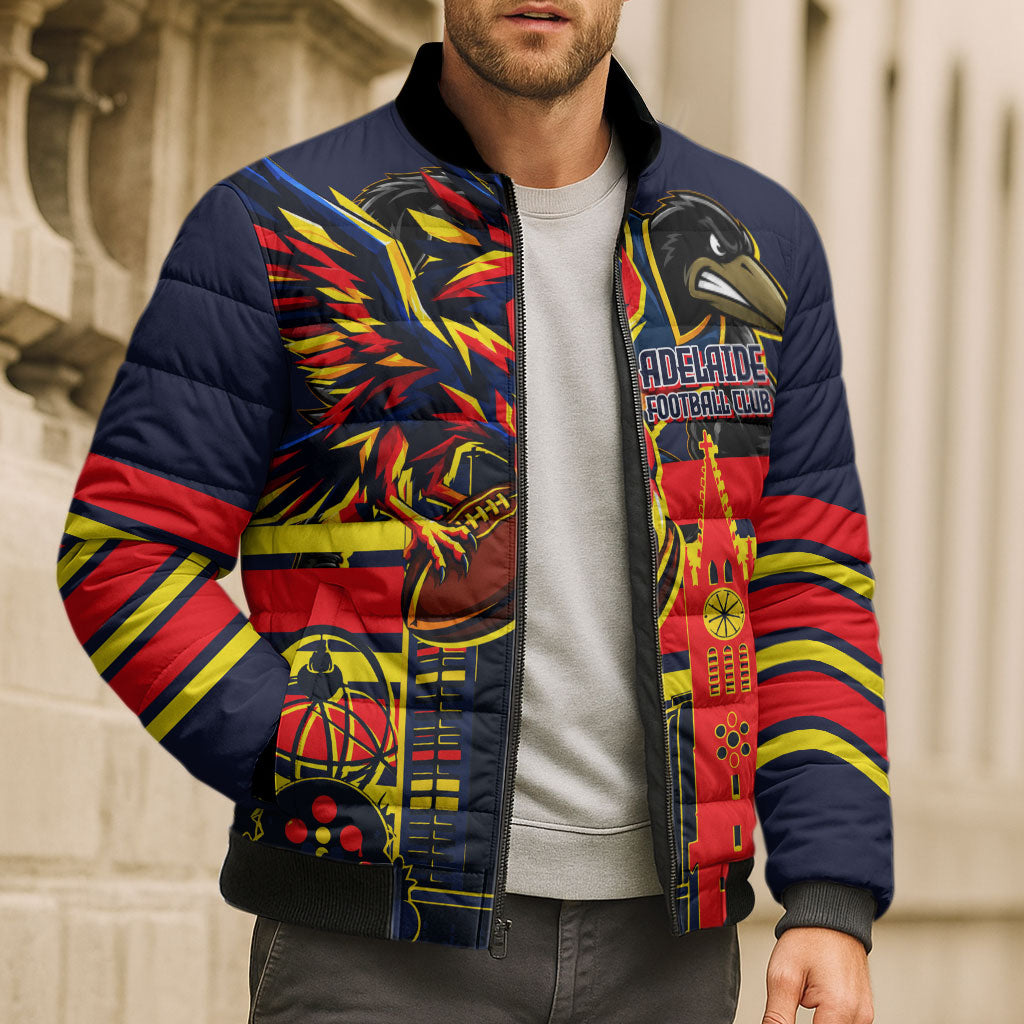 Personalised Adelaide Crows City Of Football Team Bomber Puffer Jacket Adelaide City Skyline Illustration Sport Fan