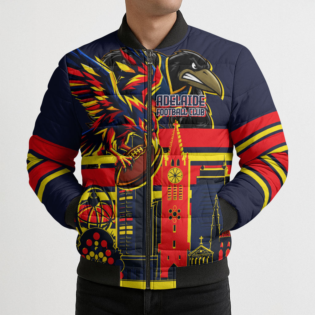 Personalised Adelaide Crows City Of Football Team Bomber Puffer Jacket Adelaide City Skyline Illustration Sport Fan