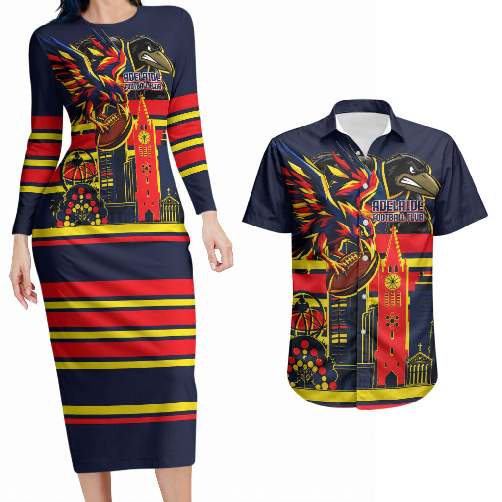 Personalised Adelaide Crows City Of Football Team Couples Matching Long Sleeve Bodycon Dress and Hawaiian Shirt Adelaide City Skyline Illustration Sport Fan