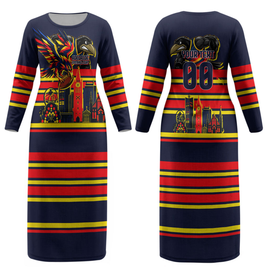 Personalised Adelaide Crows City Of Football Team Couples Matching Long Sleeve Bodycon Dress and Hawaiian Shirt Adelaide City Skyline Illustration Sport Fan