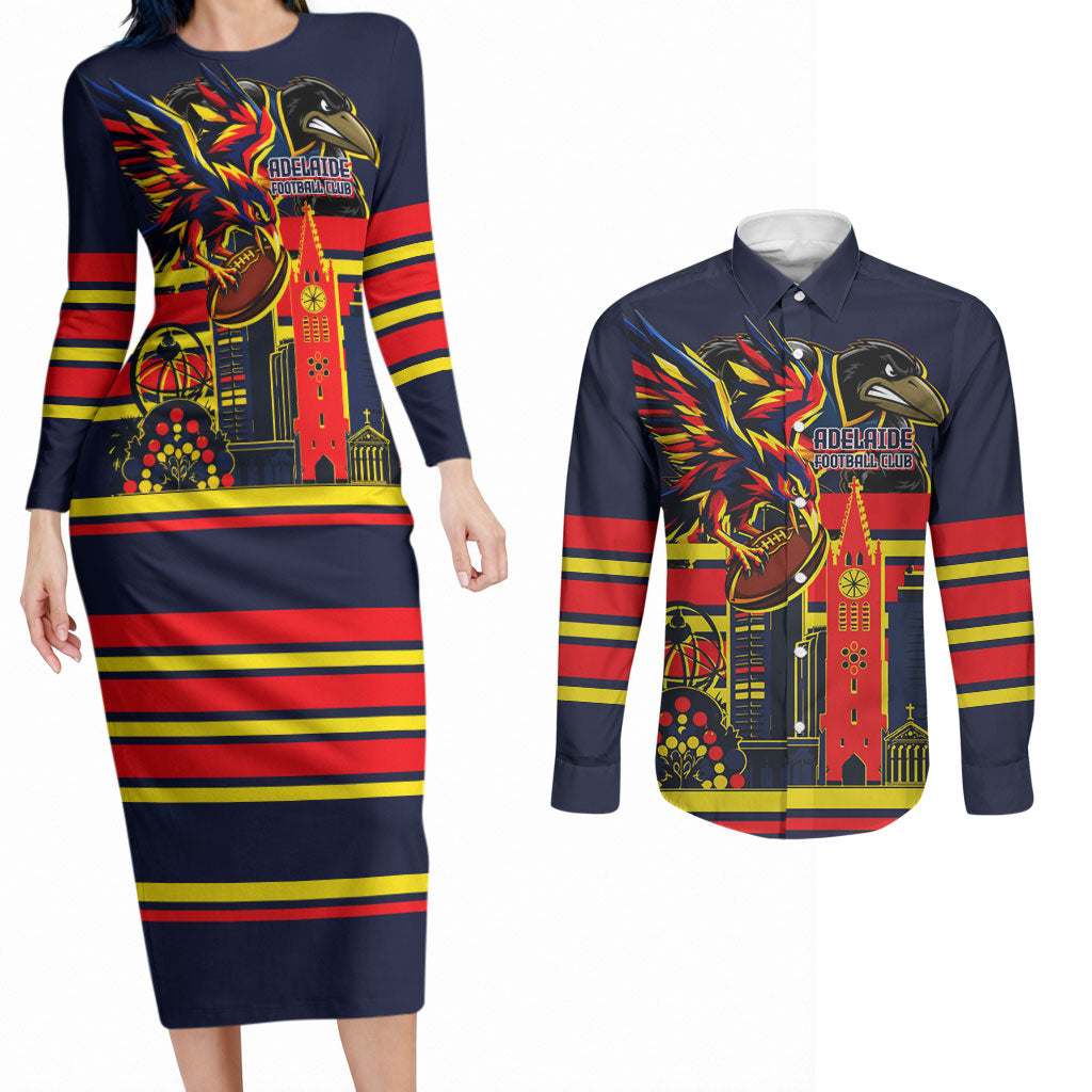Personalised Adelaide Crows City Of Football Team Couples Matching Long Sleeve Bodycon Dress and Long Sleeve Button Shirt Adelaide City Skyline Illustration Sport Fan
