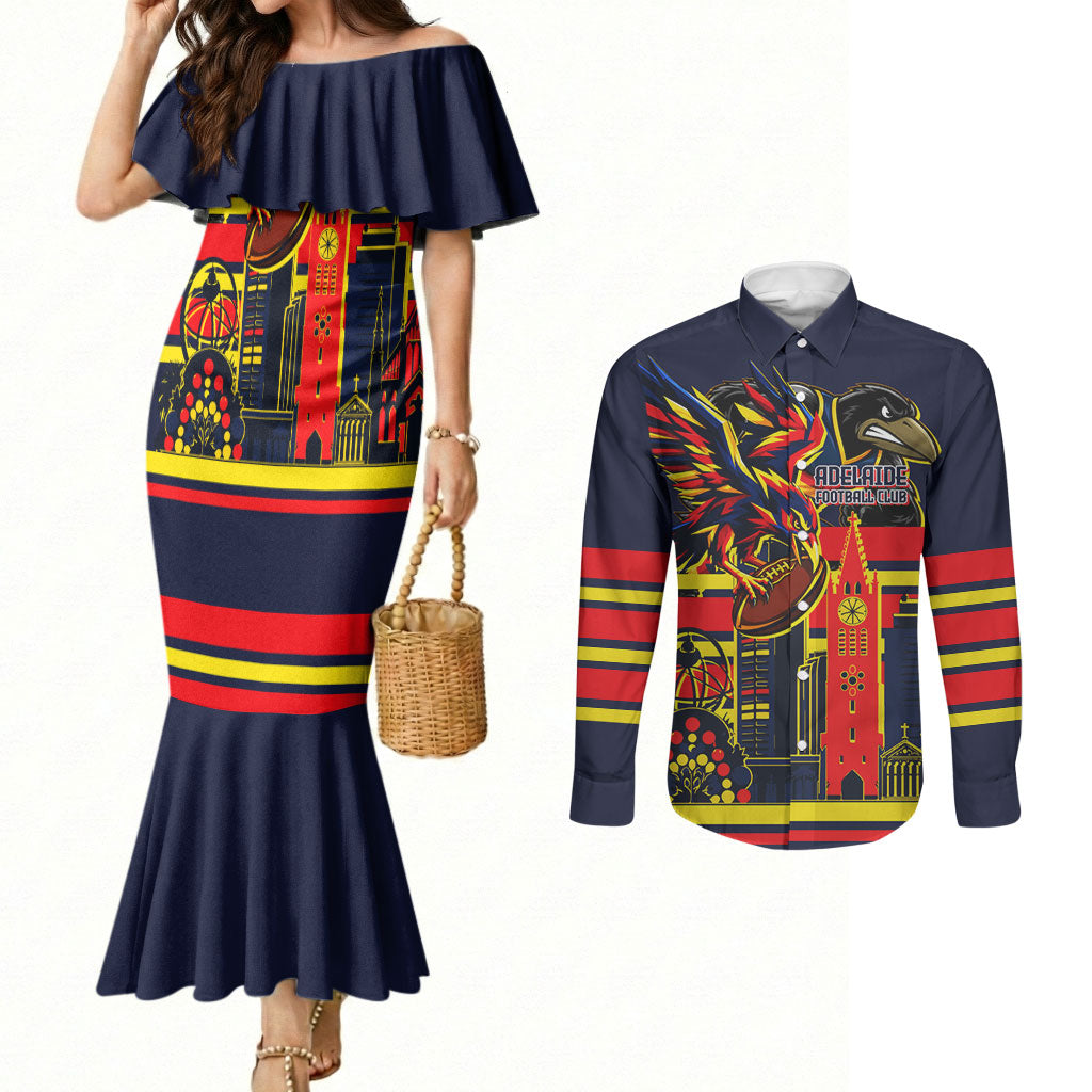 Personalised Adelaide Crows City Of Football Team Couples Matching Mermaid Dress and Long Sleeve Button Shirt Adelaide City Skyline Illustration Sport Fan