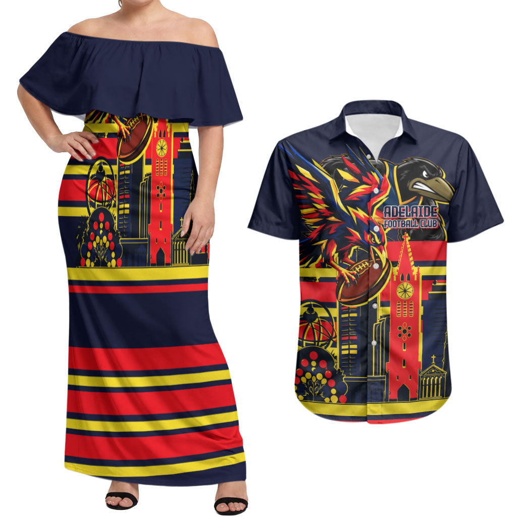 Personalised Adelaide Crows City Of Football Team Couples Matching Off Shoulder Maxi Dress and Hawaiian Shirt Adelaide City Skyline Illustration Sport Fan