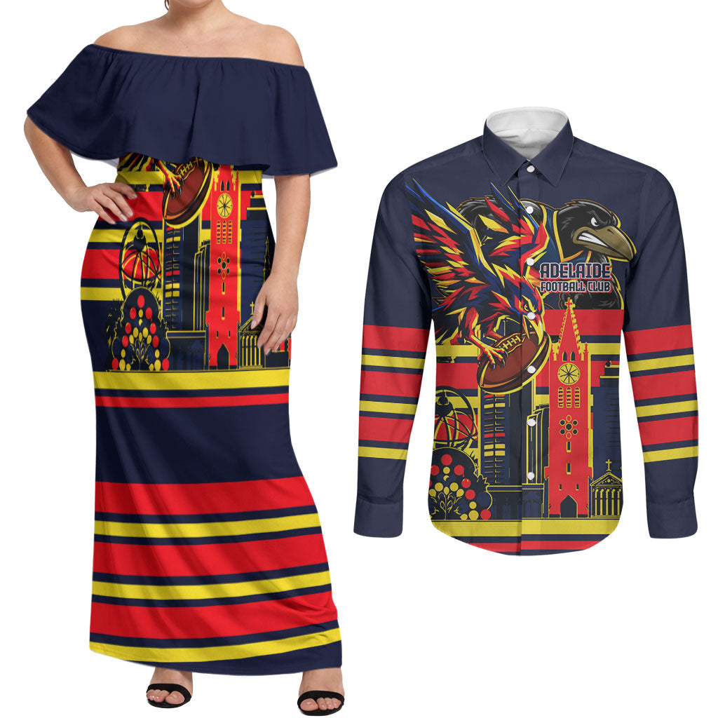 Personalised Adelaide Crows City Of Football Team Couples Matching Off Shoulder Maxi Dress and Long Sleeve Button Shirt Adelaide City Skyline Illustration Sport Fan