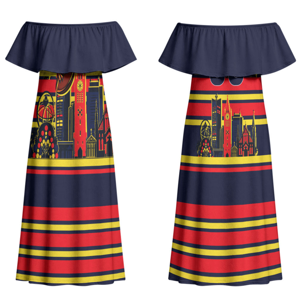 Personalised Adelaide Crows City Of Football Team Couples Matching Off Shoulder Maxi Dress and Long Sleeve Button Shirt Adelaide City Skyline Illustration Sport Fan