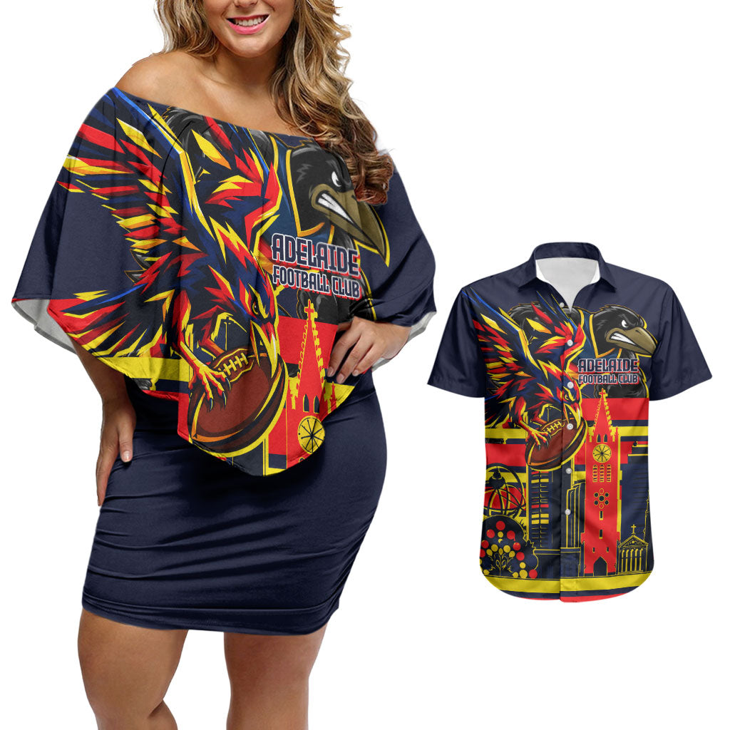 Personalised Adelaide Crows City Of Football Team Couples Matching Off Shoulder Short Dress and Hawaiian Shirt Adelaide City Skyline Illustration Sport Fan