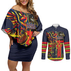 Personalised Adelaide Crows City Of Football Team Couples Matching Off Shoulder Short Dress and Long Sleeve Button Shirt Adelaide City Skyline Illustration Sport Fan
