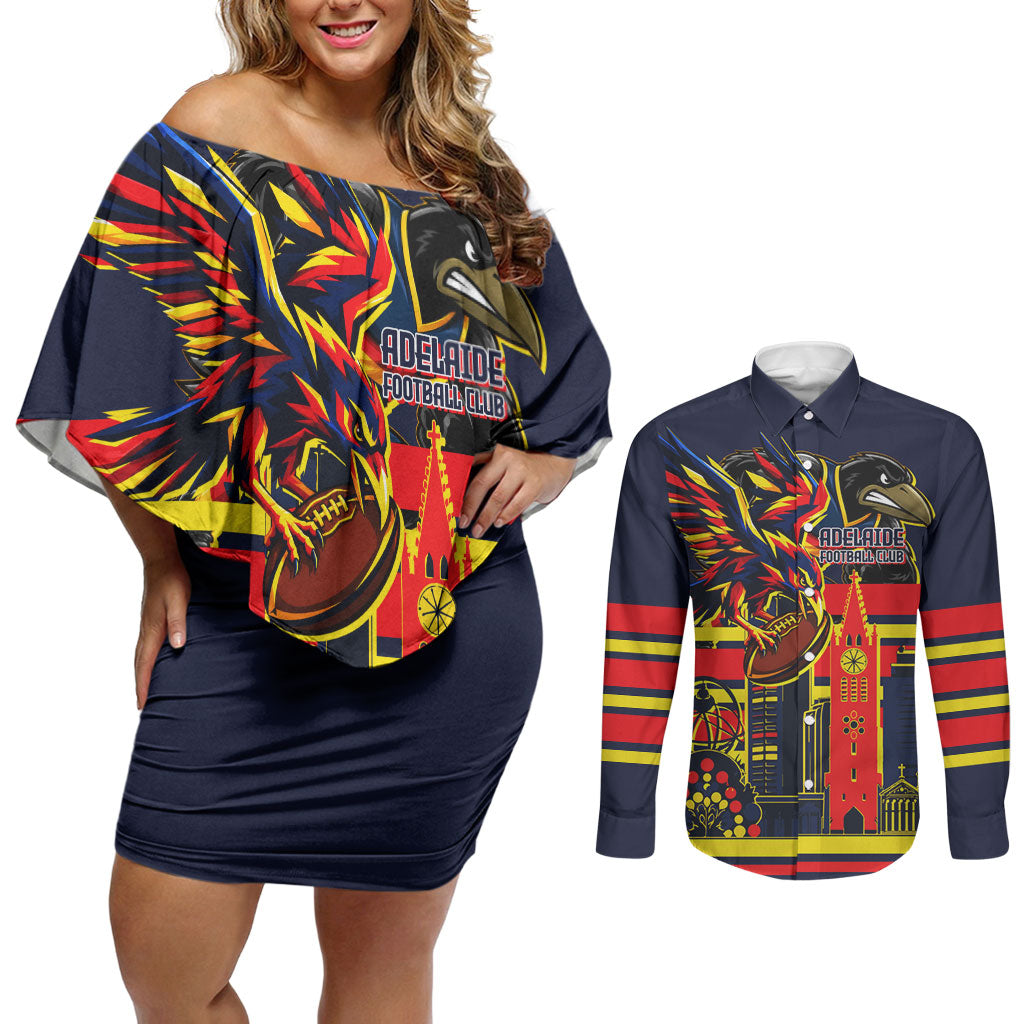 Personalised Adelaide Crows City Of Football Team Couples Matching Off Shoulder Short Dress and Long Sleeve Button Shirt Adelaide City Skyline Illustration Sport Fan
