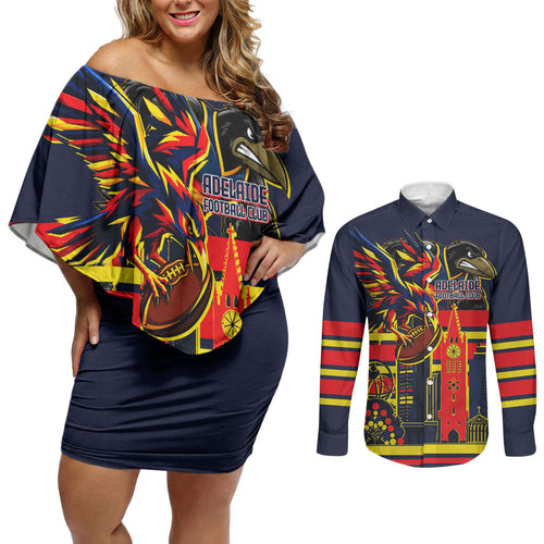 Personalised Adelaide Crows City Of Football Team Couples Matching Off Shoulder Short Dress and Long Sleeve Button Shirt Adelaide City Skyline Illustration Sport Fan