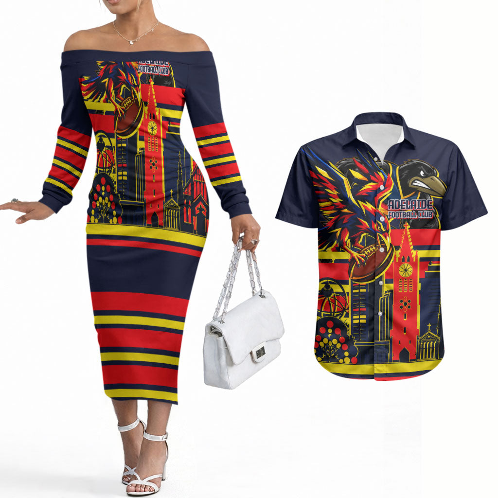 Personalised Adelaide Crows City Of Football Team Couples Matching Off The Shoulder Long Sleeve Dress and Hawaiian Shirt Adelaide City Skyline Illustration Sport Fan