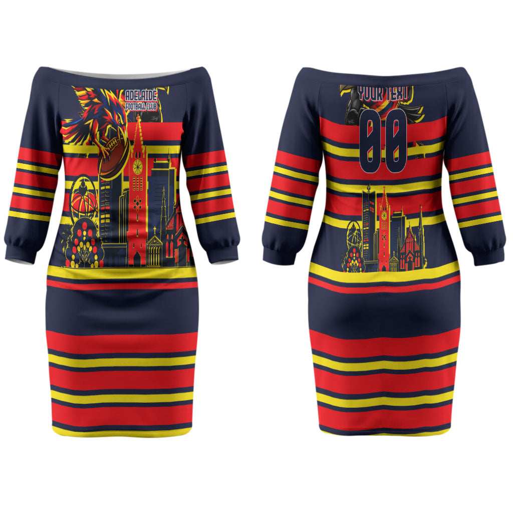 Personalised Adelaide Crows City Of Football Team Couples Matching Off The Shoulder Long Sleeve Dress and Hawaiian Shirt Adelaide City Skyline Illustration Sport Fan