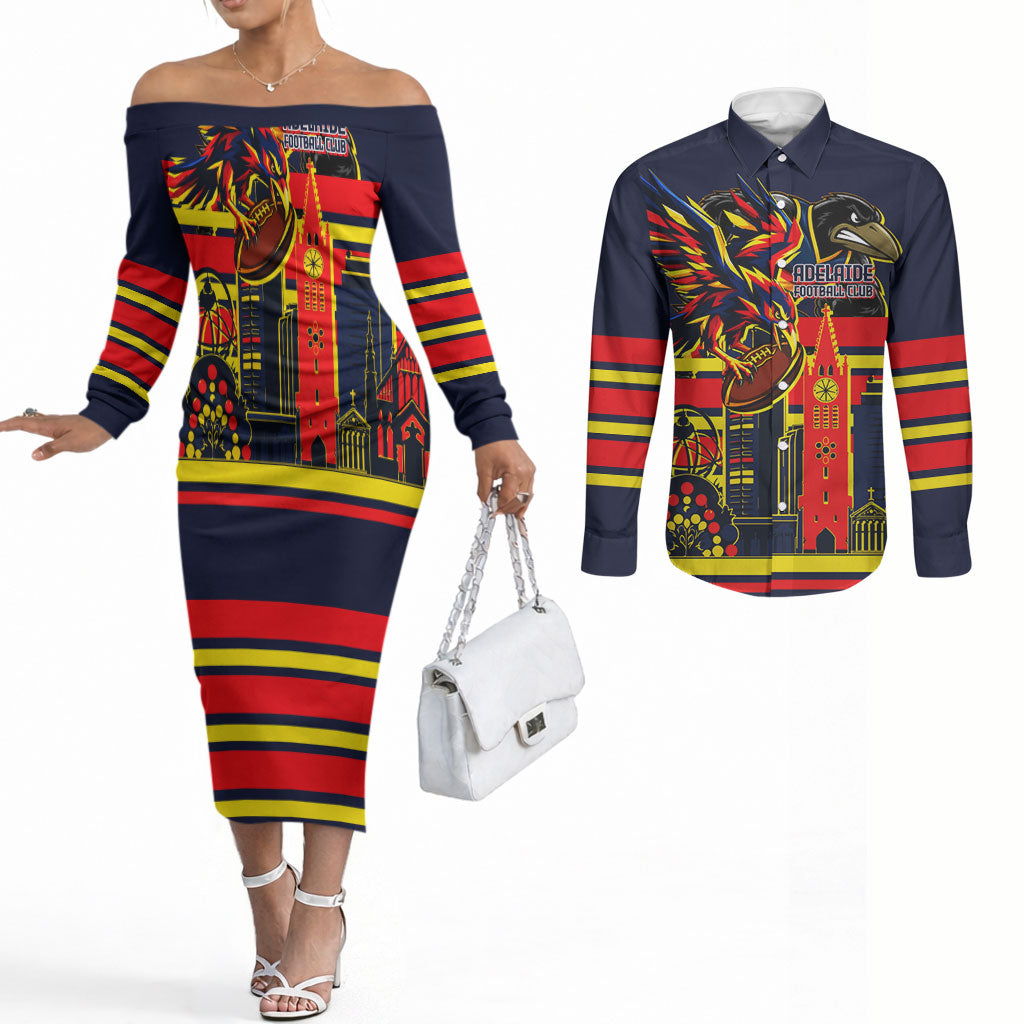 Personalised Adelaide Crows City Of Football Team Couples Matching Off The Shoulder Long Sleeve Dress and Long Sleeve Button Shirt Adelaide City Skyline Illustration Sport Fan