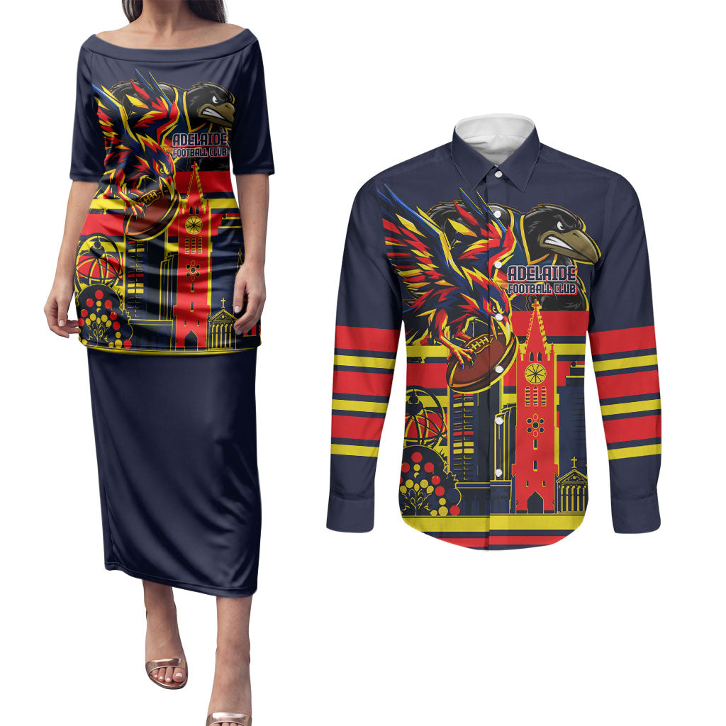 Personalised Adelaide Crows City Of Football Team Couples Matching Puletasi and Long Sleeve Button Shirt Adelaide City Skyline Illustration Sport Fan