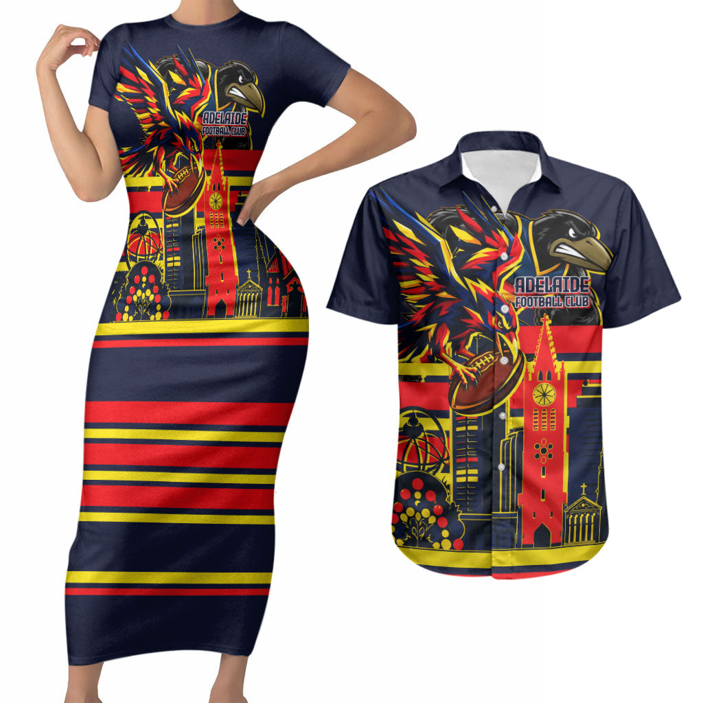 Personalised Adelaide Crows City Of Football Team Couples Matching Short Sleeve Bodycon Dress and Hawaiian Shirt Adelaide City Skyline Illustration Sport Fan